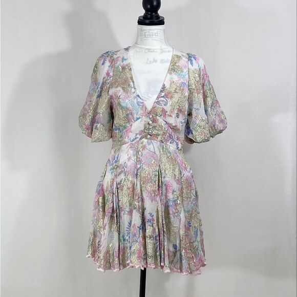 HEMANT & NANDITA Metallic Floral Puff-Sleeve Minidress size L - Picture 4 of 12